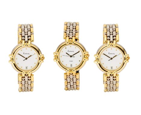 Kutchinsky. A lot of three steel and gold quartz calendar bracelet watches Premier, Circa 1990 Quartz movements, white dial w