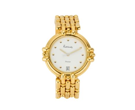 Kutchinsky. An 18ct gold quartz calendar bracelet watch  Premier, Circa 1990 Quartz movement, white dial with applied gilt ho