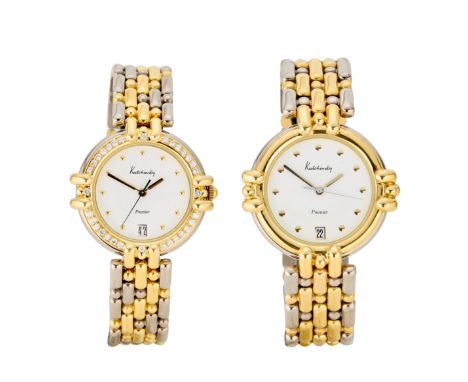 Kutchinsky. A lot of two steel and gold quartz calendar bracelet watches Premier, Circa 1990 Quartz movements, white dials wi