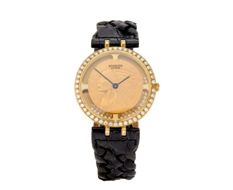 AMENDMENT: Please note that this watch has a quartz movement, not automatic as previously catalogued  Sarcar. An 18ct gold an