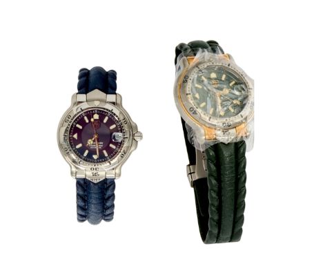 Tag Heuer. A lot of two automatic chronometer bracelet watches  Circa 2000 Comprising: a stainless steel wristwatch with blue