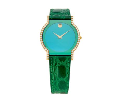 Movado. An 18ct gold diamond set quartz wristwatch Museum, Numbered 41-40-870SG 1675882 Quartz movement, circular green mirro