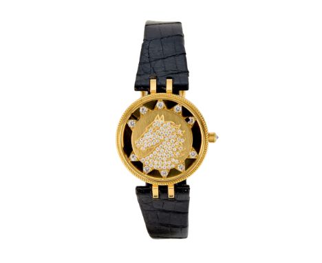 Sarcar. An 18ct gold and diamond set mystery wristwatch with horse motif Circa 1980, Case number 52-234 Quartz movement, myst