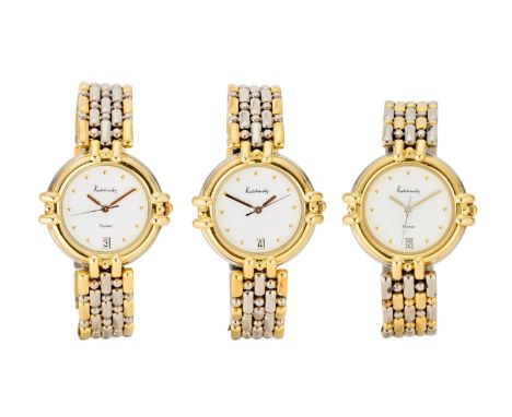 Kutchinsky. A lot of three steel and gold quartz calendar bracelet watches Premier, Circa 1990 Quartz movements, white dial w