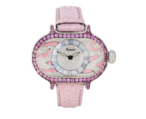 Kutchinksy. An 18ct white gold, diamond and pink sapphire set quartz wristwatch with animal print enamel dial  Suave 1, Circa