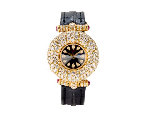 A diamond set quartz wristwatch Quartz movement, the circular black enamel dial with diamond markers and spearpoint hands, fa