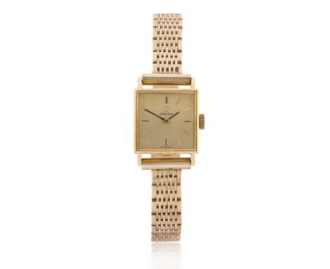 Omega. An 18ct gold square cased bracelet watch  Movement number, Case number 511179, 22313946, Circa 1965 17 jewel Cal:484 m