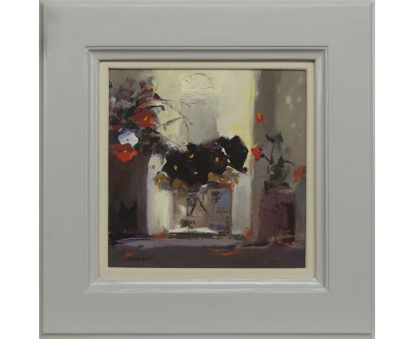* MARY DAVIDSON (SCOTTISH b. 1955 - ), PANSIES WITH GLASS VASE oil on board, signed, further signed and titled label verso im