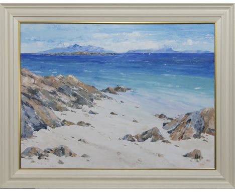 ERNI UPTON FRSA, RHUM &amp; EIGG FROM ARDNAMURCHAN POINT oil on canvas, signed, further signed and titled verso image size 76