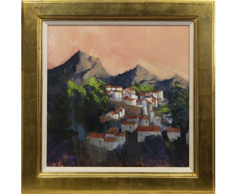 * DOREEN WILLIAMS, LAST LIGHT, ANDALUSIAN VILLAGE acrylic on canvas, signed, titled label verso image size 61cm x 61cm, overa