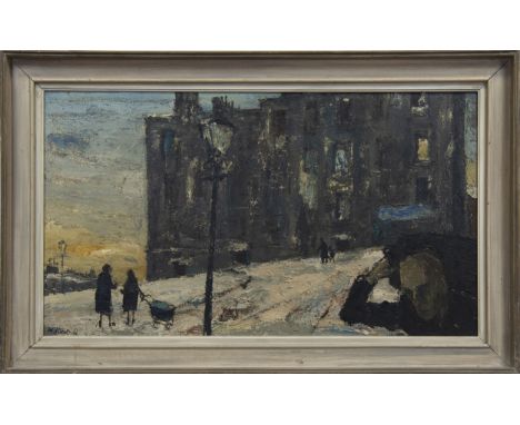 * HERBERT WHONE (BRITISH 1925 - 2011), WINTER SCENE WITH COAL-MAN, ROTTEN ROW (aka "A Glasgow Winter") oil on canvas, signed 