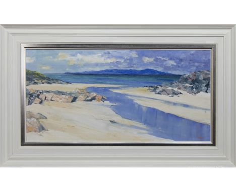 ERNI UPTON FRSA, TARANSAY FROM HARRIS oil on canvas, signed, further signed and titled verso image size 47cm x 99cm, overall 