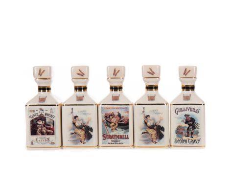 FIVE WHISKY THEMED 10CL POINTERS DECANTERSBlended Scotch WhiskyEach depicting old Whisky adverts, including 'Strathmill', 'Gu