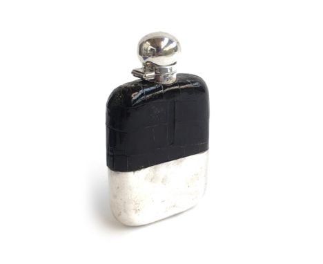 A silver plated, glass, and pressed leather hip flask, swivel hinged cap, 14cm high 