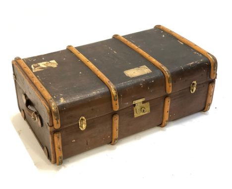 A vintage wood banded travel trunk, the top initialled DMM, 91cm wide 