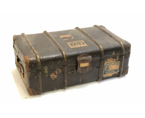 A vintage wood banded travel trunk, 'The National Non Welted Tunk', 91cm wide, with travel stickers 