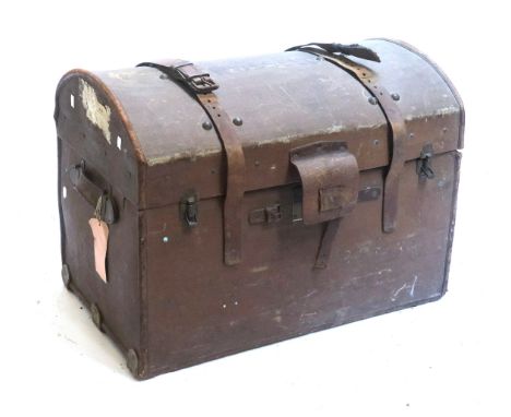 A Victorian canvas and leather domed travel trunk with removable tray and striped cotton lining and straps, 70x55x46cm 
