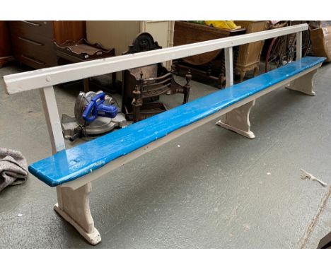 Railway interest: a vintage painted pine 12ft long bench from a railway station, 366cm long 