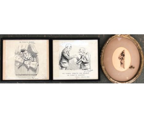 A small sketch by WA Frith RA, profile of Mr Punch, 9cmH; together with Two AW Lloyd caricatures of Mr Punch, each approx. 19