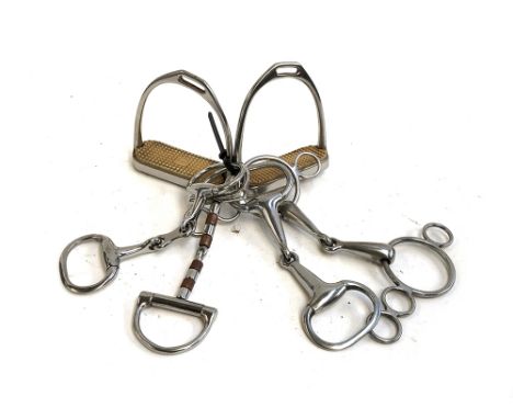 Four 5" bits, including a roller snaffle, and a pair of Stubborn 5" stirrups 