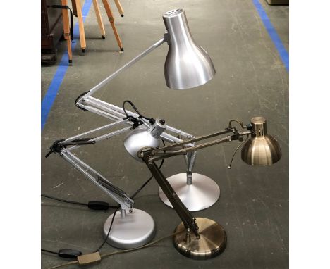 A modern branded Anglepoise lamp, in brushed steel finish; together with two smaller desk lamps with G10 fittings 