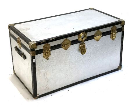 A large silver coloured travel trunk, 92x50x52cmH 