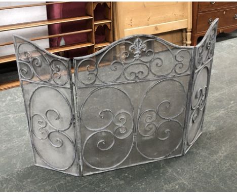 A wrought iron three-fold mesh fire screen, approx. 125cmW max 