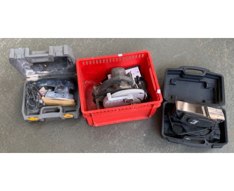 A Ryobi sheet sander, boxed; and a direct power 2mm electric planer; and a Black and Decker circular saw (3) 