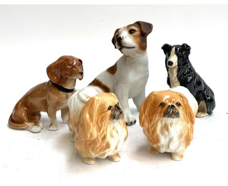 Five Ceramic Dogs: Jack Russell Terrier; two vintage Pekingese (Sylvac); Sheepdog etc 