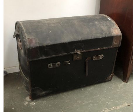 A 19th century leather and canvas domed travel trunk, 92cmW 