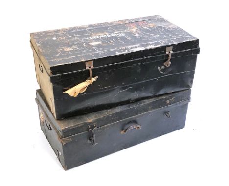 A vintage metal travel trunk, the top marked Brocklebank; and a further trunk, top marked JR Corrie, each approx. 90cm wide (