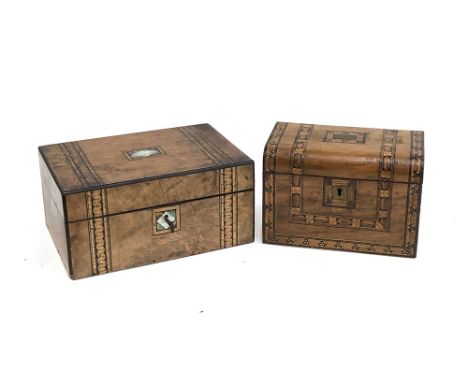 A parquetry tea caddy; and a walnut and parquetry jewellery box, with key (2) 