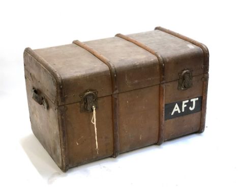 A canvas covered and wood banded travel trunk 82x51x52cm 