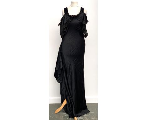 A vintage black sleeveless evening dress with lace detail; together with a Debenham &amp; Freebody black velour long sleeve d