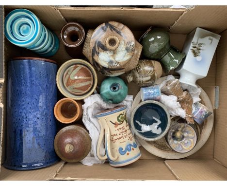 Large Box of Studio Pottery inc. Eeles, Ewenny, Ian Gregory &amp; Devon Pottery twin-handled motto tankard, etc 