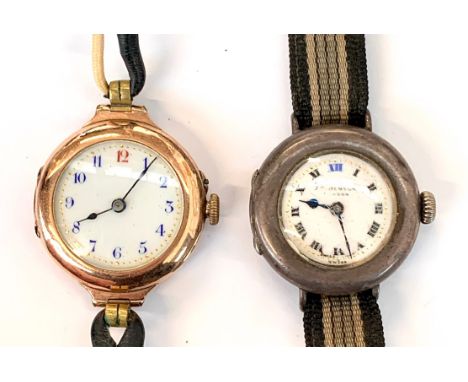 Four vintage watches, to include one 9ct gold cased early 20th century watch with enamel dial and leather strap, a silver cas