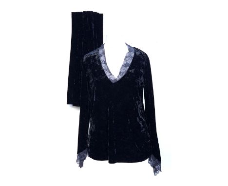 A Donna Karan black velour blouse with lace trim and matching trousers 
