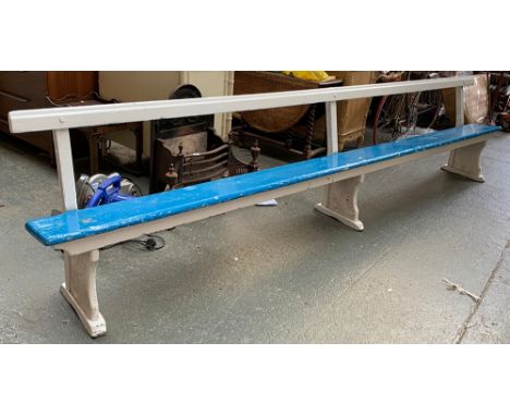 Railway interest: a vintage painted pine 12ft long bench from a railway station, 366cm long 