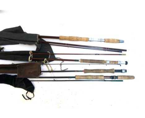 A Ryobi Masterline Challenge 11' two piece fly rod #5-7, with double detachable handle; an R. Mitchell Magic Wand #6 or 7  Ru