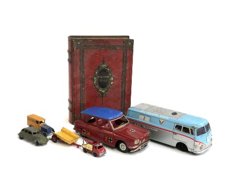 A French tinplate Joustra toy car; together with a tinplate 'Television Service' bus; Tootsie Toy, Lesney, and Dinky toy cars