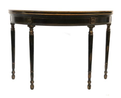 A pair of ebonised, polychrome and parcel gilt demilune console tables, of recent manufacture, painted with central patera, u