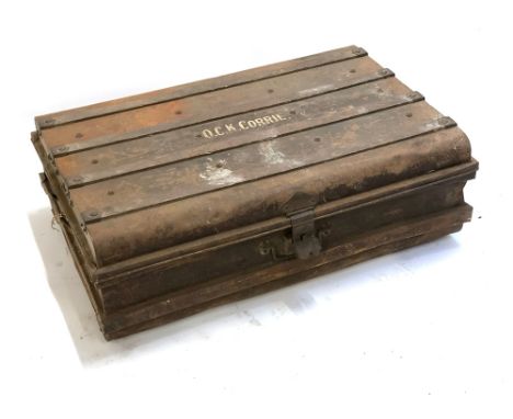 A metal and wood banded travel trunk, 'Williamson &amp; Sons Patent, Worcestershire', the top marked OCK Corrie, 91cm wide 