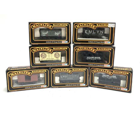 Seven Palitoy Mainline Railways wagons, boxed, to include Hopper Wagon 'Hoare Bros', Cattle Wagon, 7  plank 'Bass', etc 