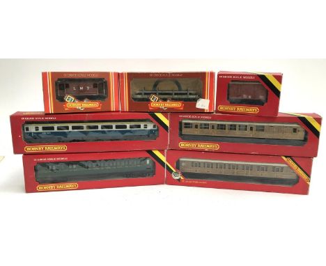 A Hornby BR Mk 3 First Class coach R428, together with an SR Coach Brake 3rd R432, LMS Brake Van R718, BR Ventilated Van R242