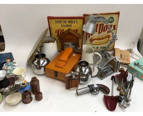 A large mixed lot to include scratch built desk lamp; brass tray, paper stamp, vintage telephone, aluminium shoe trees, hip f