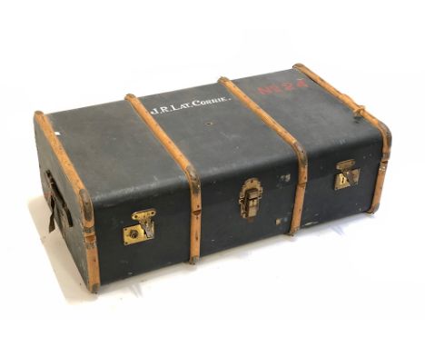 A vintage wood banded travel trunk, the top marked J.R. Lat. Corey, 91cm wide 