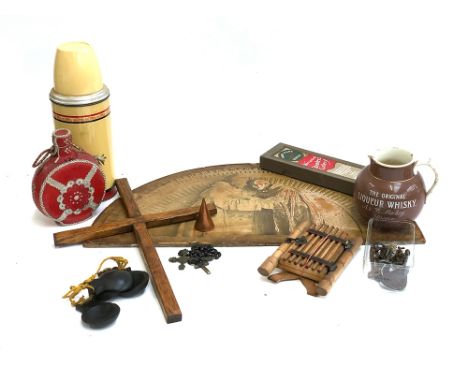 A mixed lot to include rosary beads; oak cross; vintage thermos; old keys; castanets; etc 