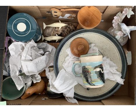 Large Box of Mixed Items inc. Studio Pottery Boscastle Mocha-ware tankard with mouse, TG Green storage jar, five teaspoons co