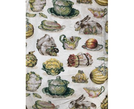 A pair of curtains, lined and interlined, in a colourful print depicting squirrels, cabbage ware, rabbits, vegetables etc, 19