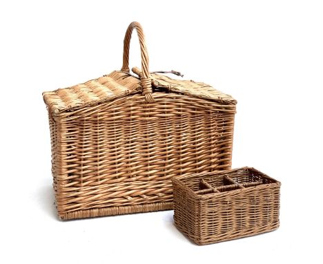 A wicker picnic hamper with leather strap, 50x33x38cmH; together with a six division wicker bottle holder 